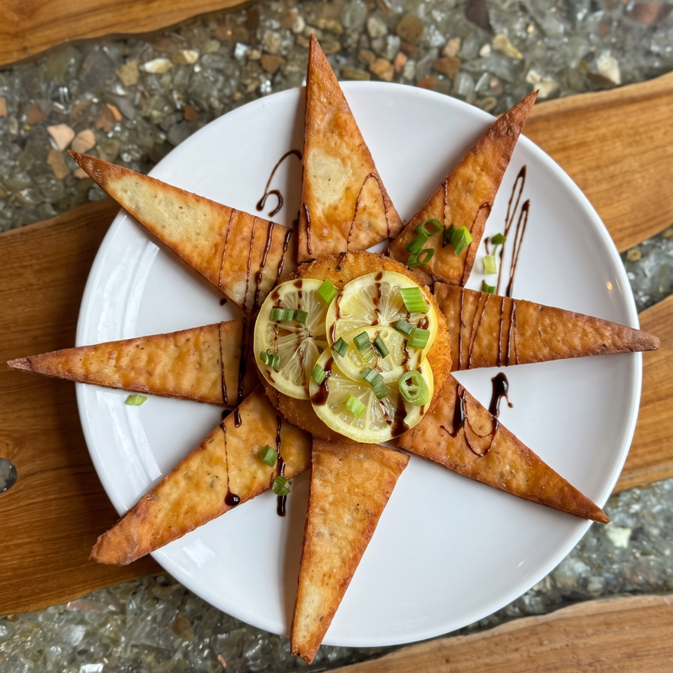 Star-shaped fried appetizer with lemon, green onions, and balsamic glaze on a white plate.