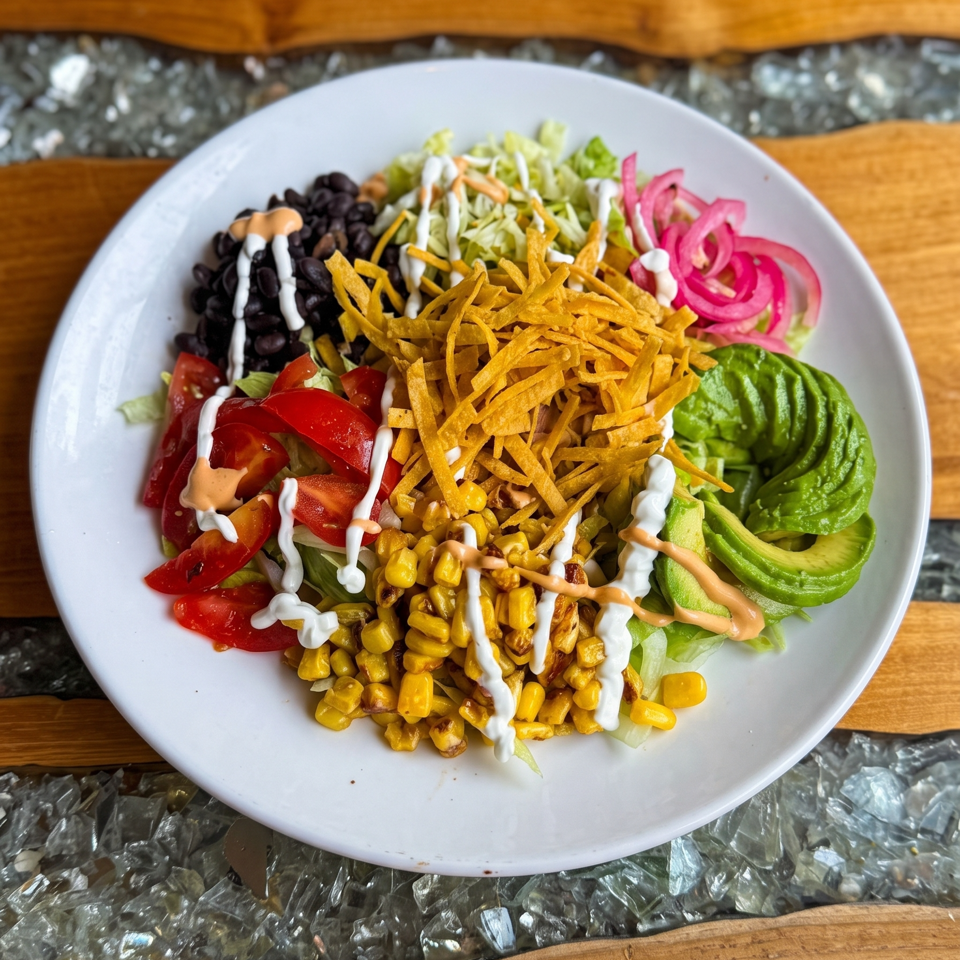 Fresh taco salad with black beans, corn, avocado, tomatoes, pickled onions, and tortilla strips.